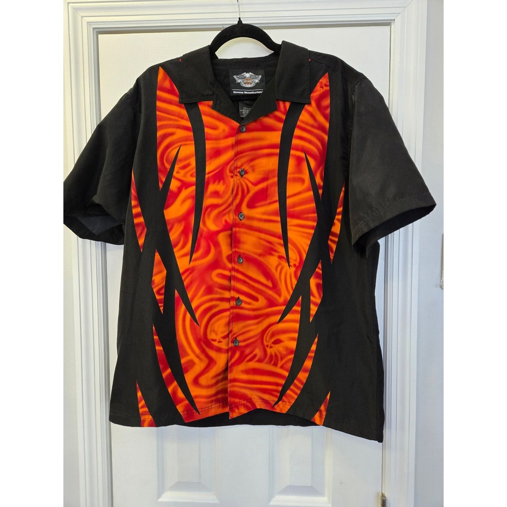 Harley Davidson 2011 Mens Flame Graphic Button Up Shirt Black Orange  L